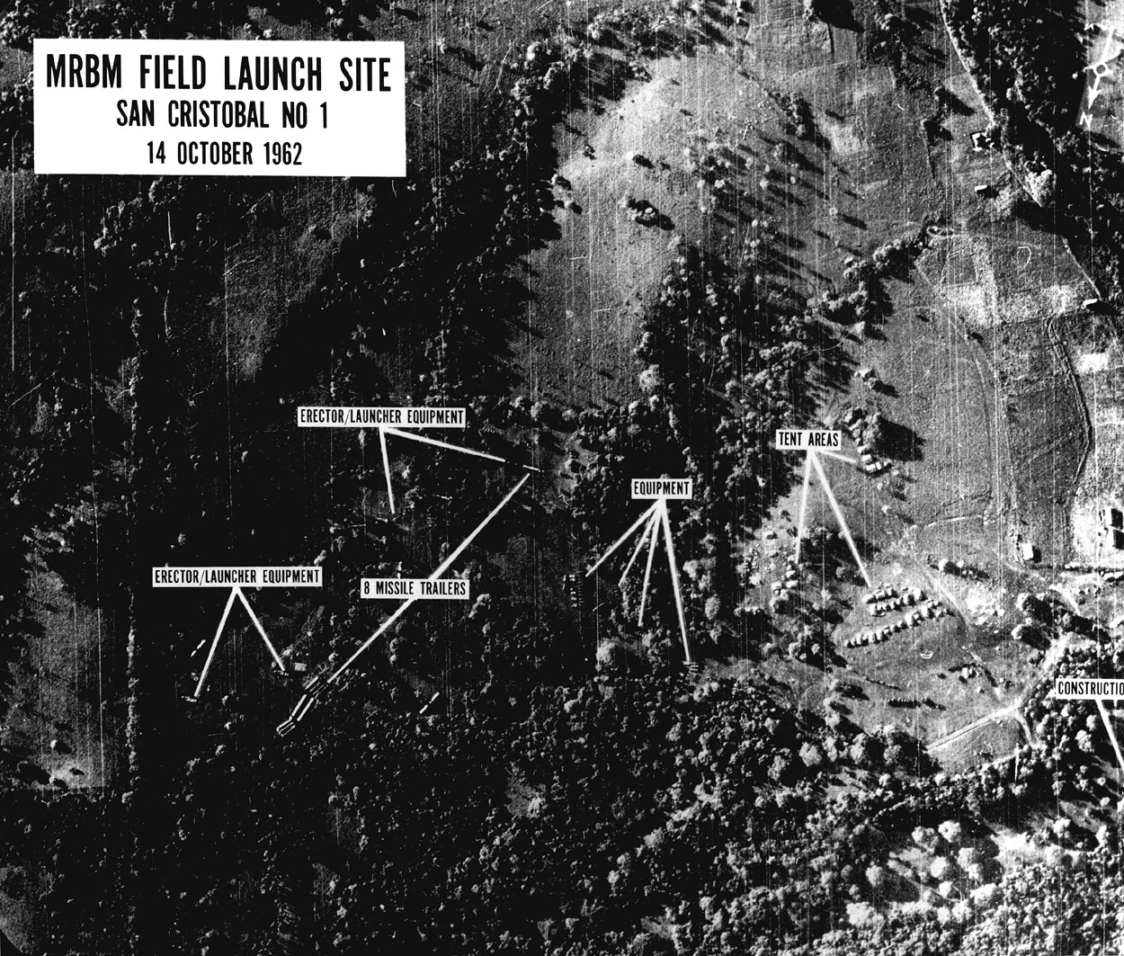 Annotated aerial photograph of San Cristobal missile site number one, identifying missile trailers, launch equipment and tents.